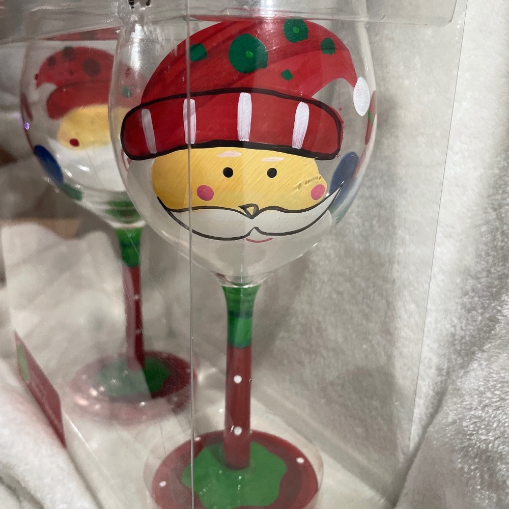 2 Hand painted Santa Claus wine glasses